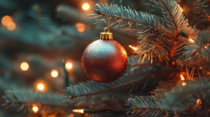 Wall Mural - close up of lighted christmas tree ornament, winter holidays decoration, copy space, greeting card