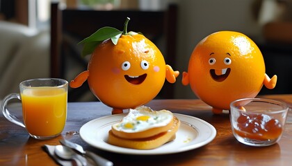 Wall Mural - Joyful Orange Characters Sharing a Delightful Breakfast Together