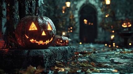 Halloween Mood. Spooky Jack OLantern with Glowing Eyes on a Dark Autumn Night with Leaves with copy space