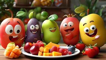 Wall Mural - Whimsical Cartoon Food Characters Delight in a Colorful Fruit Platter