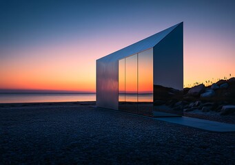 Poster - Modern House with Reflective Walls Reflecting Sunset Over Ocean