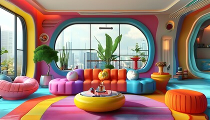 Wall Mural - Vibrant Futuristic Living Room Featuring Modern Design Elements