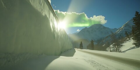 Poster - Snow Covered Wall Along Snowy Mountain Road