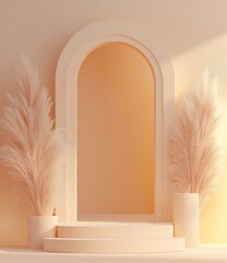 Sticker - Minimalist 3D Archway with Pampas Grass and Peach Colored Background