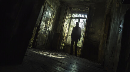 Wall Mural - creepy figure lurking in the shadows of an old, abandoned house