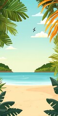 Poster - Tropical Beach Landscape Illustration with Palm Leaves