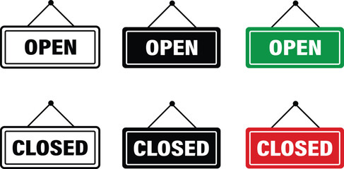 Aufkleber - Open and Closed sign board icon set flat or line buttons vector for graphic design isolated on transparent background. Easily editable. Red and green symbol. Alert signal message for website and app.