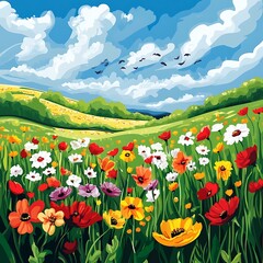 Canvas Print - Colorful Flowers Meadow Landscape Painting