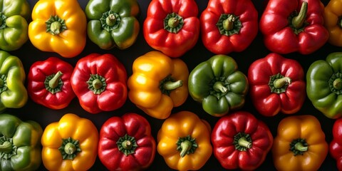 Poster - A vibrant display of colorful bell peppers in an organized layout. These vegetables come in red, green, yellow, and orange. Perfect for fresh recipes and culinary creativity. AI