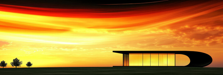 Poster - Modern house silhouette at sunset with vibrant sky.