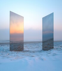 Poster - Two Mirrors Reflecting the Sea and Sky on a Snowy Beach