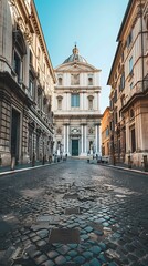 Poster - Cobblestone Street Leading to a Church in Rome