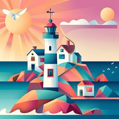 Poster - Lighthouse on a Rocky Island with Sunset