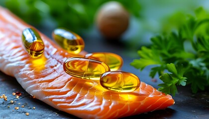 Vitamin D Capsule on Oily Fish Fillet: A Symbol of Omega-3 Richness and Essential Nutrients for Immune Boosting and Health Maintenance