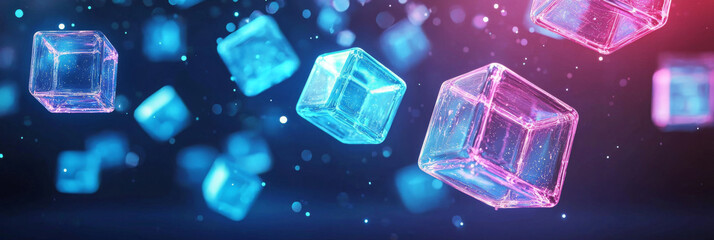 Abstract 3D cubes in blue and pink hues, with bokeh effects.