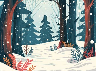 Poster - Snowy Forest Landscape Illustration with Falling Snow