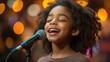© CinimaticWorks - young girl singing at a talent show with a microphone showcasing her creativity and vocal talent during a confident performance in front of a live audience filled with applause