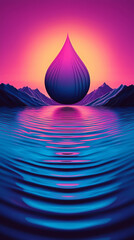 Poster - A large, pink teardrop sits on a blue lake, reflecting onto the water.