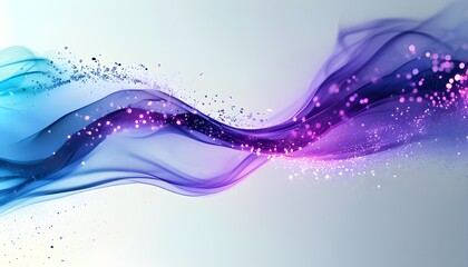 Wall Mural - Ethereal waves of blue, purple, and white smoke swirling with shimmering glitter particles on a pristine white backdrop