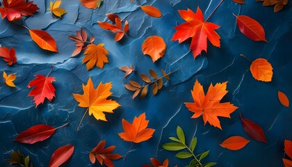 Wall Mural - Autumn leaves in vibrant red and orange hues scattered across a dark blue stone surface