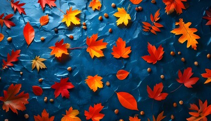 Wall Mural - Autumn leaves in vibrant red and orange hues scattered across a dark blue stone surface