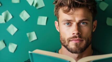 Canvas Print - A man reading a self help book, with a determined expression on his face.