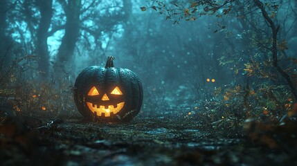 Glowing Halloween Pumpkin in Twilight Forest