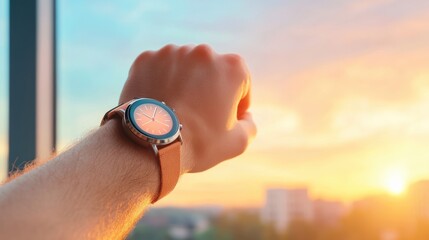 Wall Mural - A hand holding a smartwatch, interacting with a smart home system through voice commands.