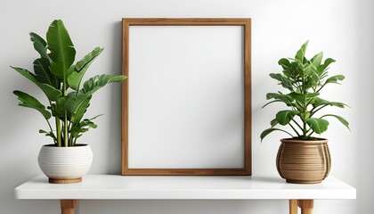 Wall Mural - Serene display of a wooden frame and potted plant on a minimalist white table with a clean white wall backdrop