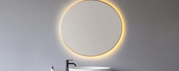 Wall Mural - Circular mirror with thin brass frame and soft lighting, minimalist bathroom mirror, modern luxury