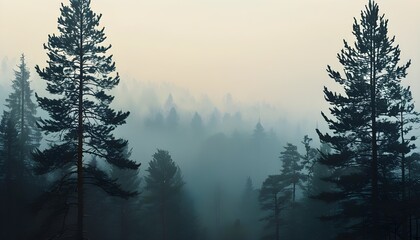 Wall Mural - Mysterious foggy forest with towering pine trees set against a softly blurred backdrop.