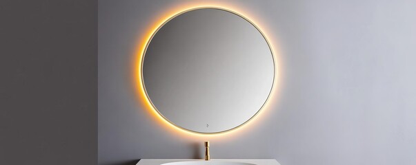 Circular mirror with thin brass frame and soft lighting, minimalist bathroom mirror, modern luxury