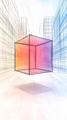 Wall Mural - A vibrant, transparent cube floats above a sketched cityscape.