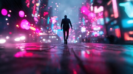 Wall Mural - A bustling street scene with neon signs and holographic projections, depicting the vibrant and chaotic energy of a cyberpunk city.