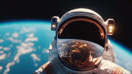 Wall Mural - A close up of an astronaut helmet reflecting a breathtaking view of Earth, highlighting the human perspective on space exploration.