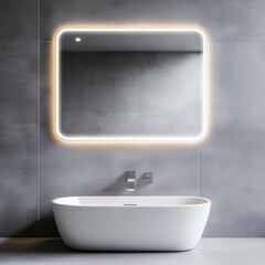 Wall Mural - Frameless mirror with backlighting in a gray minimalist bathroom, minimalist bathroom mirror, sleek and modern