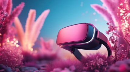 Wall Mural - A close up of a VR headset displaying a vibrant digital landscape, highlighting the sensory experiences of virtual reality.