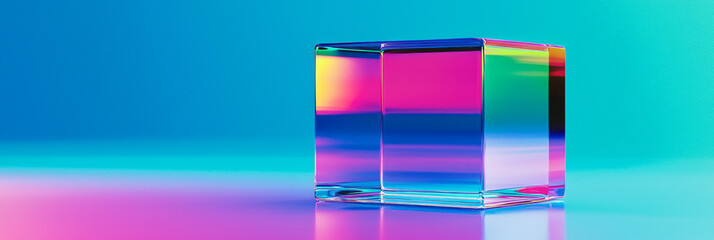 Poster - A glass cube reflecting vibrant colors on a gradient background.