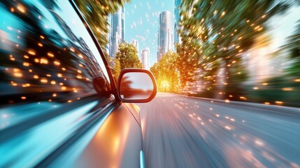 Wall Mural - A futuristic solar powered car driving through a city, demonstrating the integration of renewable energy into daily life.