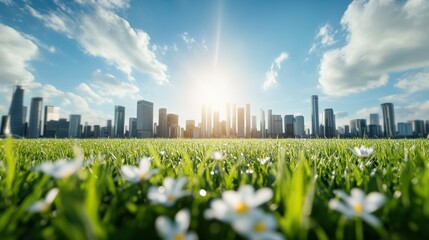 Wall Mural - A vast field of solar panels powering a city, showcasing the potential of solar energy.
