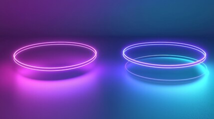 Poster - Vibrant neon circles glow in pink and blue on a reflective surface, creating a modern design with a retro vibe. Ideal for banners, posters, or ads