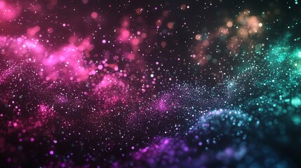 Poster - Colorful particles are floating and flowing in a wave motion on a dark background. This is perfect for any project that needs a colorful and abstract background