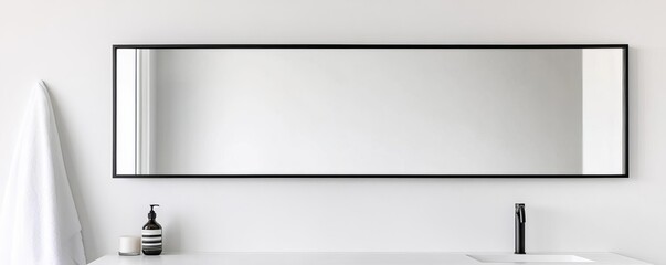 Large rectangular mirror with matte black frame in a minimalist bathroom, minimalist bathroom mirror, modern boldness