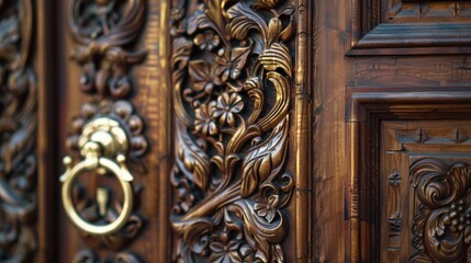 Poster - Intricate Carving on an Antique Wooden Door