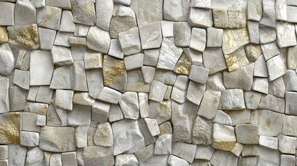 Poster - Stone wall background with white and gray rocks in various shapes, sizes, and golden veins, creating a captivating effect