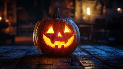 Sticker - A carved pumpkin sitting on top of a wooden table