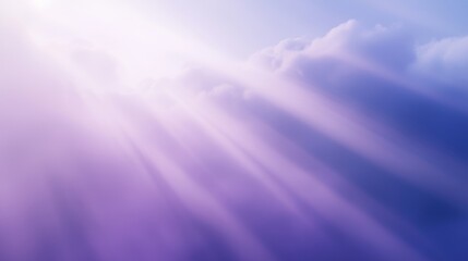 Sunbeams gently shine through fluffy clouds, casting a warm glow on a vibrant purple and blue sky, creating a heavenly atmosphere of hope and tranquility