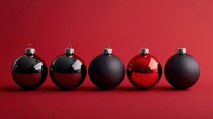 Des boules de dÃ©coration de noÃ«l sur fond rouge.