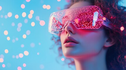 Sticker - A young woman wearing augmented reality glasses, interacting with virtual objects and data streams in a seamless blend of reality and technology.