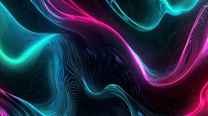 Poster - Glowing lines flow on a dark backdrop with neon hues of blue, pink, and purple, creating a modern and vibrant pattern
